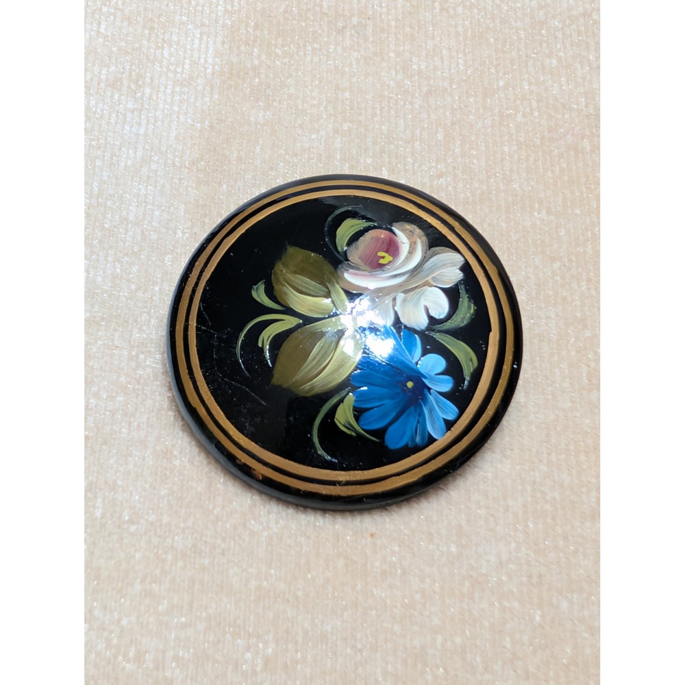 Vintage Russian Hand Painted Floral Lacquer Brooch Black Gold Blue Round Pin